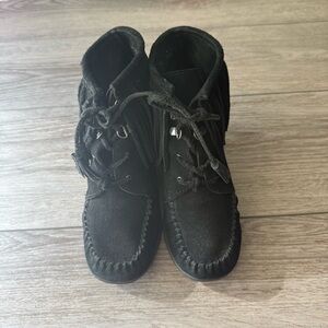 Minnetonka Black Lace-Up Fringe Wedge Booties